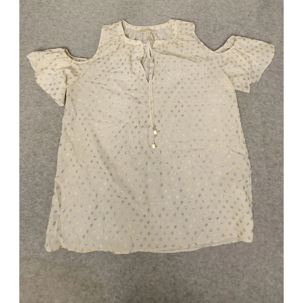 Michael Kors Shirt Womens Medium  Gold Logo Cold Shoulder Tie Neck Foil‎